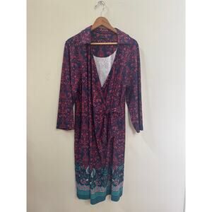 Talbots Size XL Effortless Jersey Kelley Dress Floral Damask Border Midi VNeck